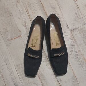 Salvatore Ferragamo Black Suede Loafers with Silver Accent